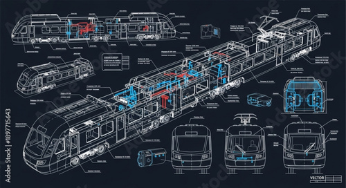 Detailed Blueprint Schematic of a Modern Train Engine.