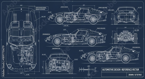 Detailed Blueprint Schematics of a Classic Sports Car.