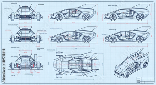 Detailed Blueprint Schematics of a Futuristic Sports Car.