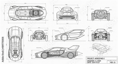 Detailed Blueprint Schematics of a Futuristic Sports Car Design.