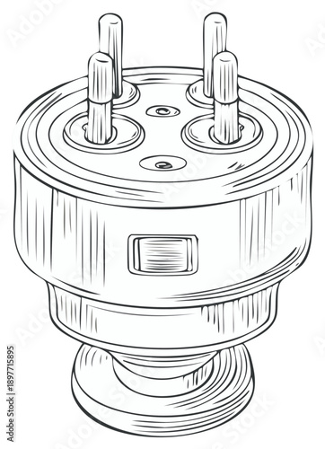 Hand Drawn Sketch of Old Four Pronged Electrical Plug with Switch Button