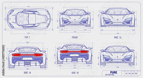 Detailed Blueprint Schematics of a Modern Sports Car.