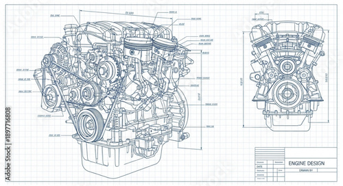 Detailed Blueprint of a Complex Engine Mechanism.