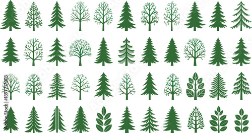 Green tree silhouette collection featuring pine, fir, spruce, and deciduous icons for forest nature, outdoor landscape, and environment design projects,