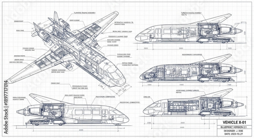 Detailed Blueprint of a Futuristic Aircraft Design.