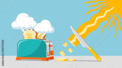Toaster ejecting toast with knife and sun rays shining brightly on a grey surface