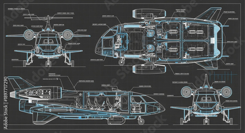 Detailed Blueprint of a Futuristic Space Shuttle Design.