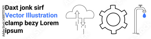 Cloud with two arrows, gear symbolizing technology, and a faucet with a droplet. Ideal for environment, innovation, automation, industry, resource management, sustainability simple landing page
