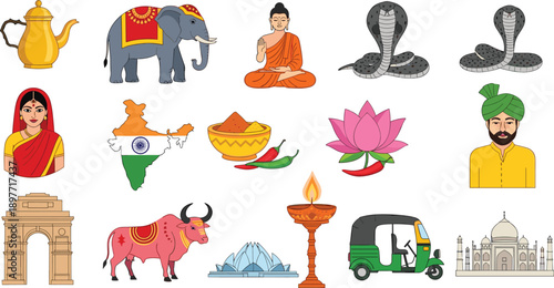 Indian Culture Vector Icon Set featuring Taj Mahal, Elephant, King Cobra, Buddha, Spices, Lotus, Auto Rickshaw, Diya, and Traditional Indian People,
