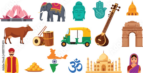 Indian Culture and Heritage Vector Icon Set featuring Taj Mahal, Lotus Temple, Elephant, Sitar, Auto Rickshaw, Buddha, and Traditional Indian People