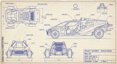 Detailed Blueprint of a Futuristic Sports Car Design.