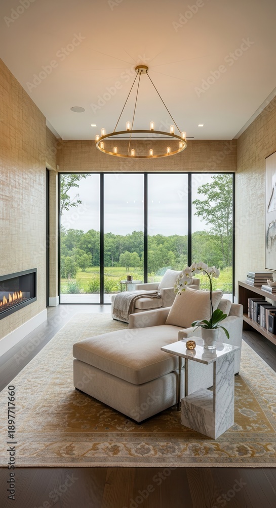 Naklejka premium Luxurious indoor lounge area features modern furnishings and a panoramic view of a natural landscape