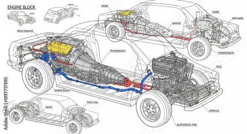 Detailed Automotive Mechanical Engineering Diagram of a Car.
