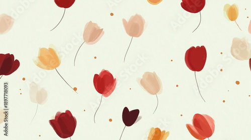 Abstract floral pattern of colorful stylized pastel tulips covering the entire surface, creating a decorative and repeating design. Format 16:9 for impressions, front page or banners