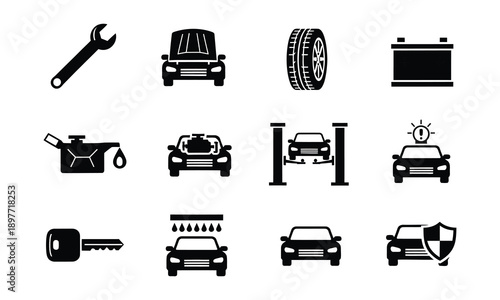 Automotive icons set illustrating various vehicle parts and services from a straightforward viewpoint