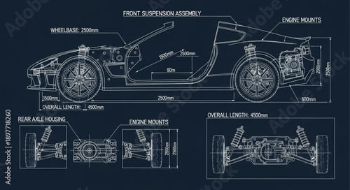 Detailed Blueprint Diagram of a Sports Car Chassis and Suspension System.