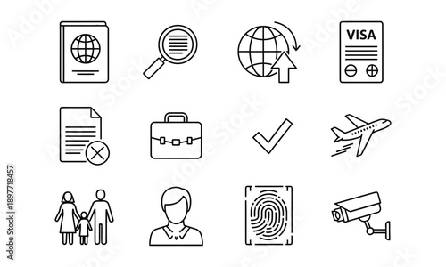 Travel and identity verification icons representing security, people, and documents in a digital illustration.