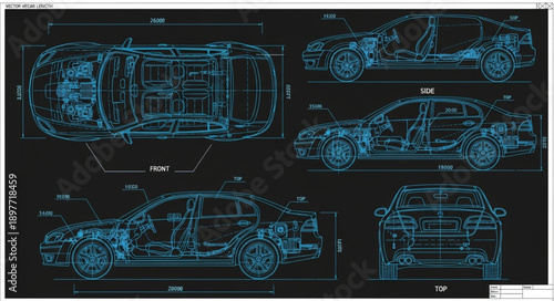 Detailed Blueprint of a Car Chassis and Interior Structure.