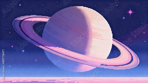 Wallpaper Mural 巨大な環を持つ惑星が空を支配するピクセルアート宇宙壁紙 Torontodigital.ca