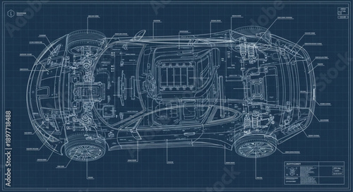 Detailed blueprint of a car engine and chassis.