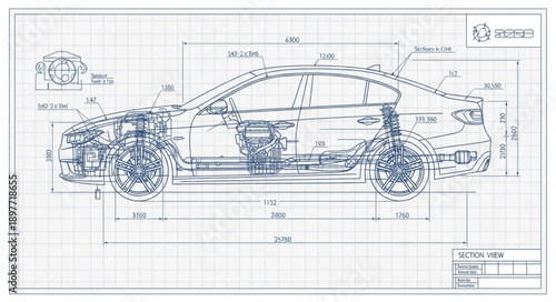 Detailed Blueprint of a Car Side View.