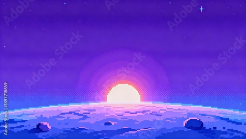 Wallpaper Mural 惑星の地表から昇る朝日を描いたシネマティックなピクセルアート宇宙壁紙 Torontodigital.ca