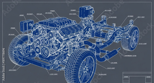 Detailed Blueprint of a Car Engine.