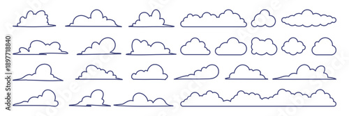 Cloud line icon collection. Set of outline cloudy symbols in minimal linear style, suitable for weather, cloud computing, networking, storage, and digital technology concepts. Vector illustration.