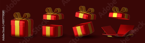 Set of 3D open and close red gift boxes with ribbon in gold over dark background. 3D rendering of a modern holiday surprise box.