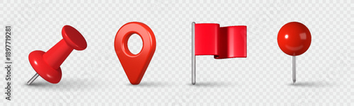 Various red map markers and location pins for navigation, destination, and identification concepts. Set of map pointer icons suitable for GPS, travel, delivery, and map interface design.