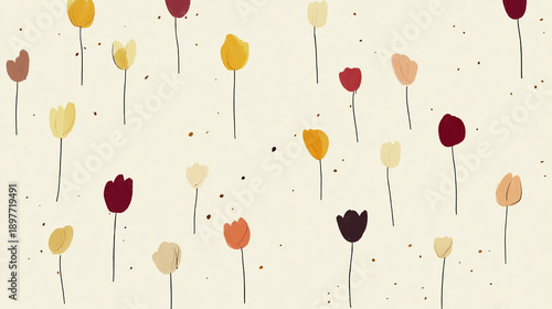 Abstract floral pattern of colorful stylized pastel tulips covering the entire surface, creating a decorative and repeating design. Format 16:9 for impressions, front page or banners