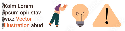 Business concepts, creativity, problem-solving, caution, communication, innovation. A person gesturing, lightbulb icon and warning sign. Creativity and caution in modern workplaces