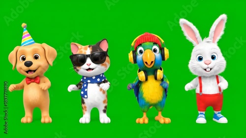 3D Cartoon Animals Dancing in Party Attire on Green Screen