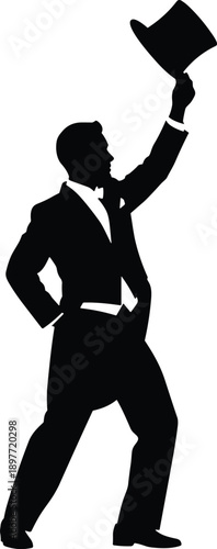 Black silhouette vector of a gentleman in a formal tuxedo and bow tie tipping his top hat isolated on white background for luxury concepts