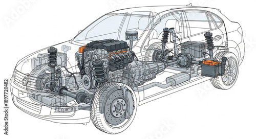 Detailed Car Engine and Chassis Mechanical Engineering Illustration.