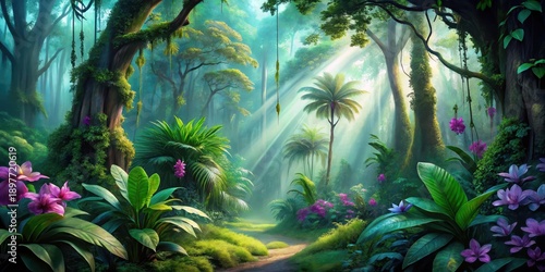 Wallpaper Mural Enchanted Jungle Path Lush Green Canopy, Sunbeams Illuminating a Mystical Trail Through Vibrant Tropical Flora Torontodigital.ca