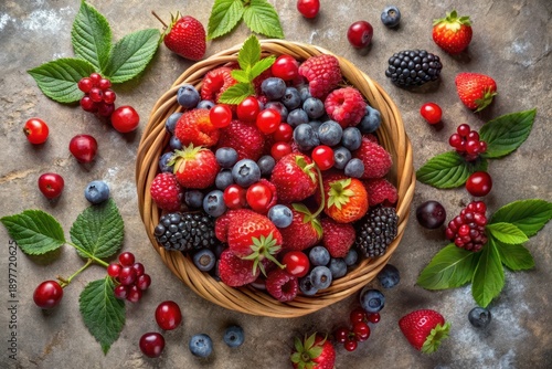Wallpaper Mural A vibrant assortment of summer berries in a woven basket, surrounded by fresh leaves and additional berries. Torontodigital.ca