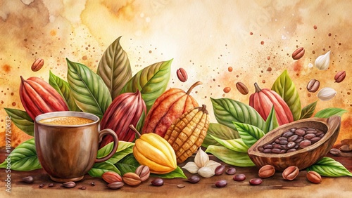 Wallpaper Mural Aromatic Cocoa Beans, Pods, and a Warm Cup of Coffee Surrounded by Lush Green Leaves on a Rustic Wooden Surface Torontodigital.ca