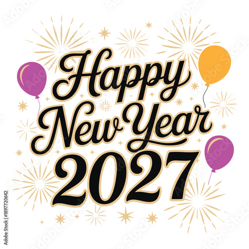 Happy New Year 2027 Vintage Typography Vector Decorative Festive Frame