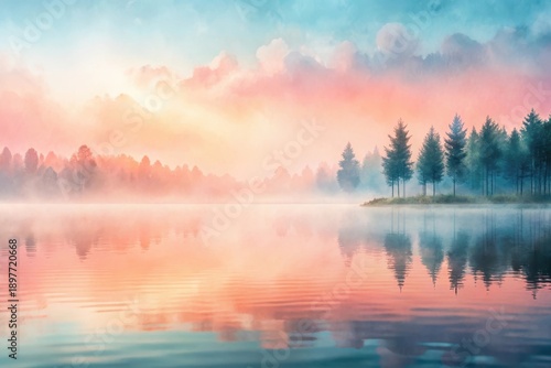 Wallpaper Mural Serene dawn over a tranquil lake, reflecting a picturesque shoreline with a group of evergreen trees enveloped in soft morning mist and pastel skies. Torontodigital.ca