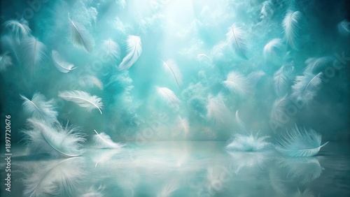 Wallpaper Mural Ethereal White Feathers Drifting in a Serene Teal Haze, Creating a Dreamlike and Peaceful Atmosphere Torontodigital.ca