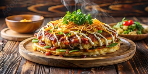 Wallpaper Mural Savory Pancake Stack with Creamy Sauce, Shredded Vegetables, and Fresh Herbs on Rustic Wooden Plate Torontodigital.ca