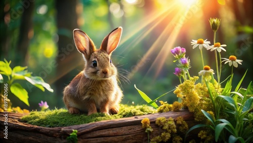 Wallpaper Mural A young bunny rabbit sits serenely on a mossy log amidst a sun-dappled woodland clearing, surrounded by wildflowers bathed in the golden light of a spring morning. Torontodigital.ca