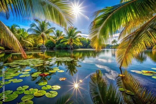 Wallpaper Mural Serene Pond Reflecting Sunlight Through Lush Palm Fronds and Water Lilies Torontodigital.ca