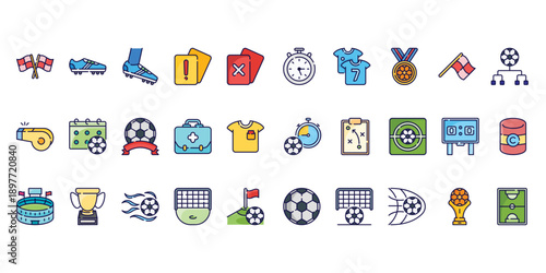 Theme Soccer Icon Set style for design app, website or presentation, playing, play, ball, trophy, goal, flag
