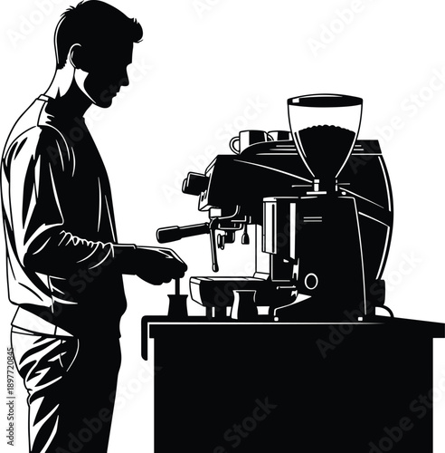 Black silhouette vector of a professional male barista preparing espresso using a commercial coffee machine and grinder for cafe business and morning caffeine concepts