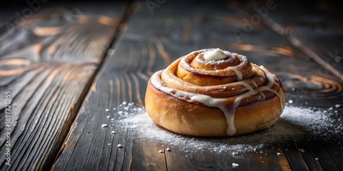 Wallpaper Mural A delectable sweet roll, glazed and dusted with powdered sugar, sits elegantly on a dark wooden surface. Torontodigital.ca
