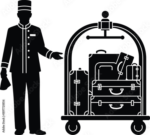 Black silhouette vector of a professional hotel bellhop standing next to a luggage trolley loaded with suitcases for luxury hospitality and travel service concepts