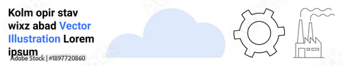 Blue cloud beside gear and factory with smoke. Ideal for technology, industry, cloud solutions, innovation, productivity, connectivity, simple landing page