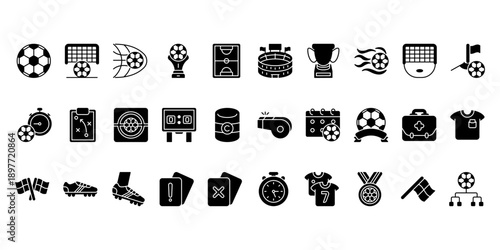 Theme Soccer Icon Set Glyph style for design app, website or etc, playing, play, ball, trophy, goal, flag